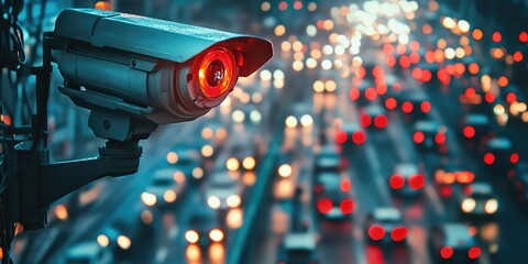 City surveillance camera overlooking a busy highway at night
