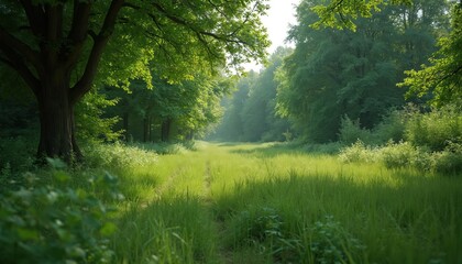 Fototapeta premium Rich green meadow bathed in sunlight. Tall grass, green trees form natural frame of wild meadow. Peaceful, serene rural scene, evoking tranquility. Photo for eco-friendly projects.