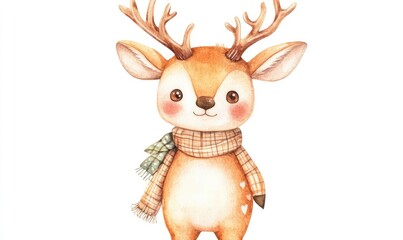 Watercolor kid antelope doll with antlers on white background. AI generated illustration.