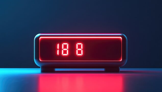 Digital alarm clock, red digits, neon glow