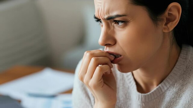 Concerned woman biting nails in anxiety, indoor setting