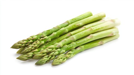 Green asparagus spears lying freshly washed on clean white surface, highlighting slender stems and bright verdant color, perfect for food photography and nutrition themes