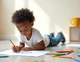 Young African boy lies on floor drawing picture with colored pencils. Cute kid engaged in creative activity, enjoying drawing. Childhood, art, education, learning, creativity, home activity.