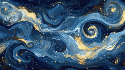 Abstract swirling marbled design in blues, golds, and dark tones