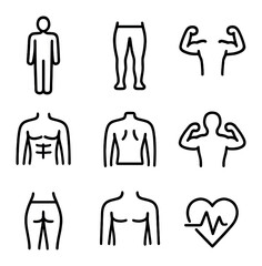 Body Workout Icons. Outline icon set of summary and next meeting planning: summary document, next arrow, calendar date, alarm