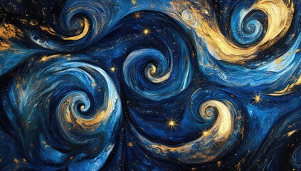 Abstract swirling cosmos with gold and blue