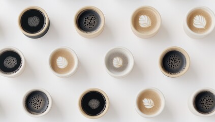 Small coffee cups arranged in a grid pattern, various colors, latte art