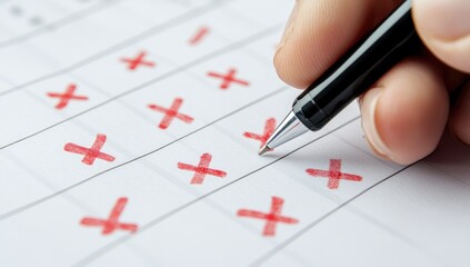 Hand marks boxes with red x's on a form