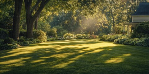 Sunny garden path through lush greenery
