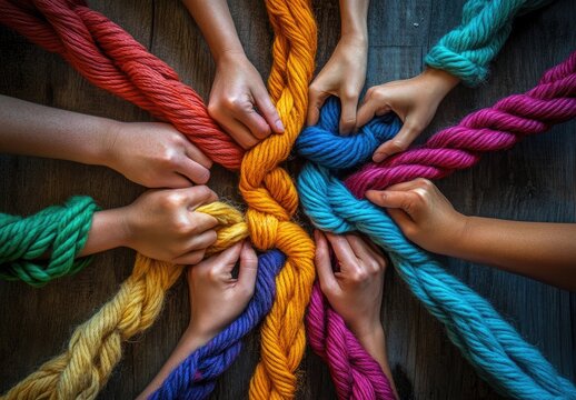 Intertwined hands hold colorful ropes, creating a vibrant, communal pattern