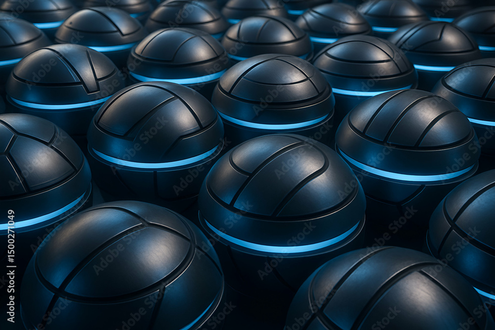 Poster a mesmerizing array of futuristic dark spheres illuminated by vibrant blue light, creating a visuall