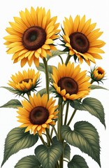Fototapeta premium Botanical illustration sunflowers. Yellow flowers, brown seed heads, green leaves. Artistic design, vibrant colors, detailed drawing on white background. Ideal for art prints, greeting cards,