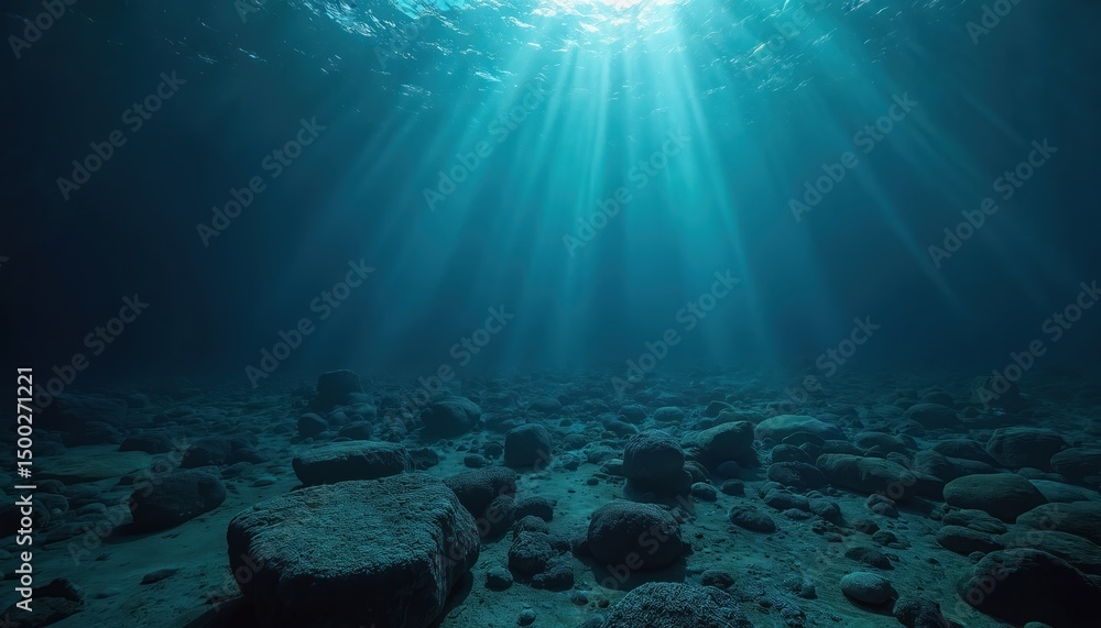 Poster sunlight streams illuminate deep ocean rocky seabed. sunbeams create mysterious underwater effect. r