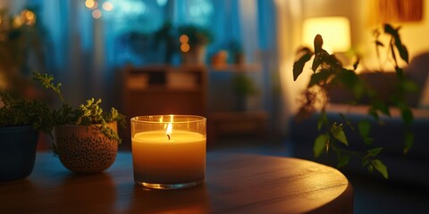 Cozy living room scene at night, featuring a candle on a wooden table