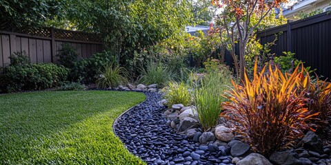 Backyard garden with meandering dry creek bed