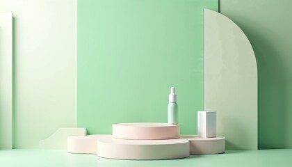3D podium scene displays product. Cosmetic bottle stands on platform against green wall. Modern minimalist geometric shapes design. Pastel colors show product in elegant way.