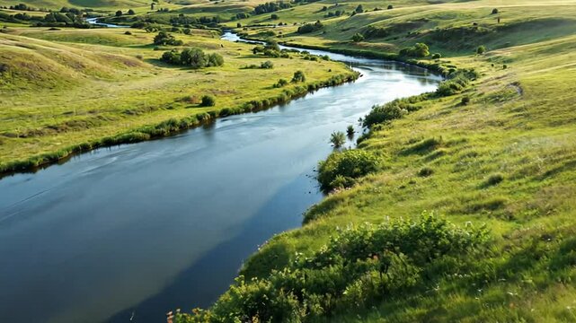 River winding through grassy hills