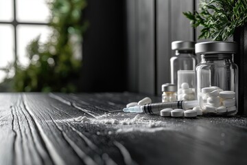 Medical supplies, pills, and powder on dark wooden table