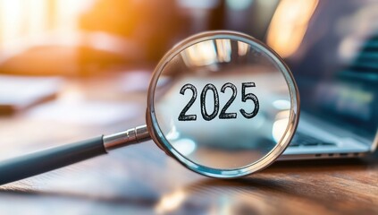 Magnifying glass focusing on 2025 over laptop