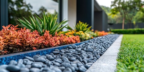 Modern landscaping design with colorful plants and dark gray stones