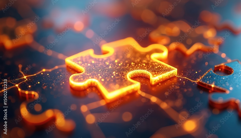 Aufkleber illustration of glowing puzzle pieces representing connection, solutions, network, technology. abstr