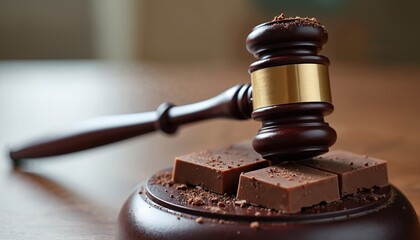 Wooden gavel rests on blocks of dark chocolate. Symbol of judgment, law, justice and order. Food dessert concept, lawyer, judge, court, auction, legal, tasty. Criminal law.