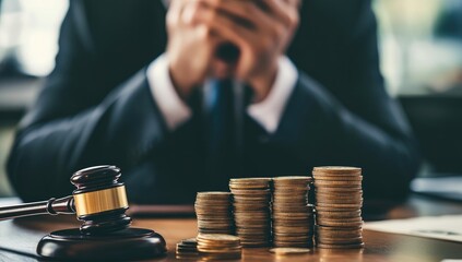 Businessman stressed, coins, gavel