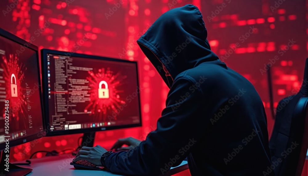 Poster hooded hacker in front of computer displays data flow. red padlock icon, cyber attack concept. digit