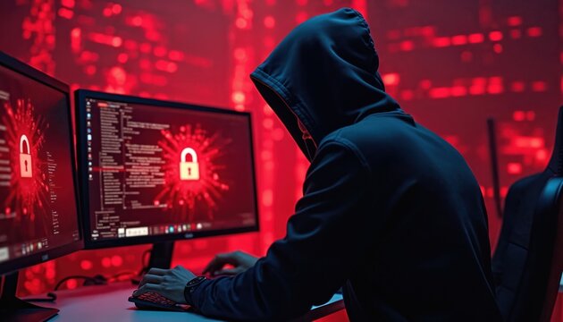 Hooded hacker in front of computer displays data flow. Red padlock icon, cyber attack concept. Digital crime, online fraud, data breach, digital safety, internet security concept.