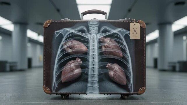 Security x ray screening detecting human organs hidden inside luggage, exposing potential illegal trafficking networks and complex medical tourism risks within international travel systems