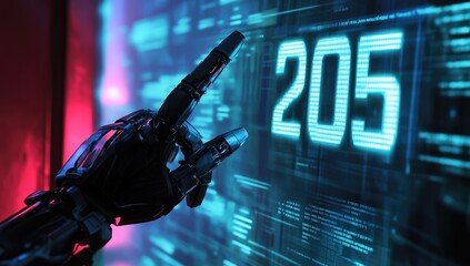 Futuristic robot hand interacts with a glowing 2055 digital display