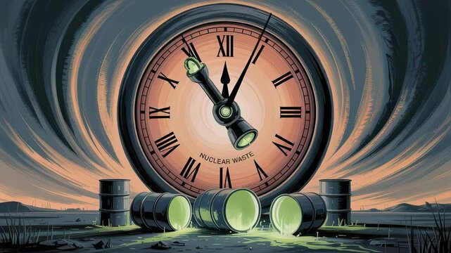 Nuclear waste leaking from corroded barrels, radioactive green liquid spreading across desolate landscape, doomsday clock moving toward midnight, symbolizing imminent global catastrophe
