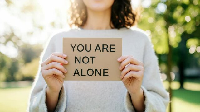 Woman holding "You Are Not Alone" sign in park