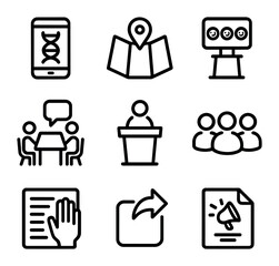 Fototapeta na wymiar Community Engagement Icons. Outline icon set of community engagement platforms: citizen science app, participatory map, feedback