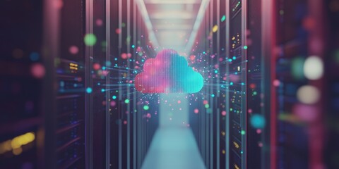 Colorful cloud computing graphic in a server room
