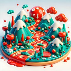 Whimsical Pizza Wonderland A Colorful Landscape of Toppings, Melted Cheese River, and Dripping Mushroom