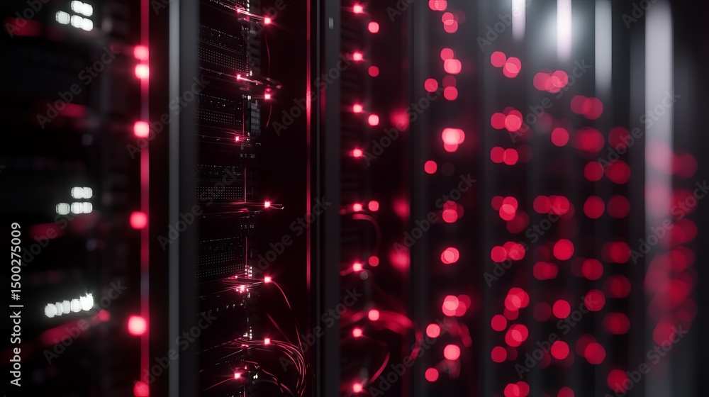 Poster abstract red glowing network server room technology digital data center powerful infrastructure mode