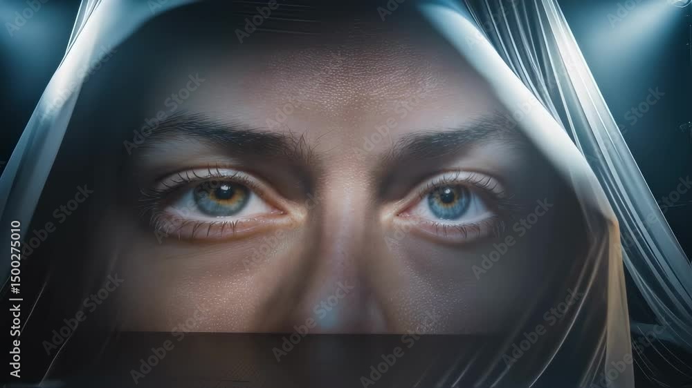 Poster woman wearing translucent veil with projected face gradually obscuring features, dramatically illumi