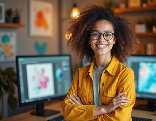 Smiling graphic designer with glasses near computer monitor. Young female professional at work, creative workspace. Woman wearing yellow shirt, happy, confident, with crossed arms. Modern workplace,
