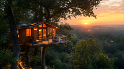 stunning treehouse rental with glass railing, glowing in warm sunset light