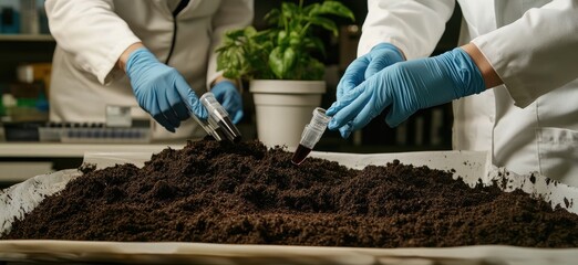 Scientists in lab coats and gloves analyze soil sample