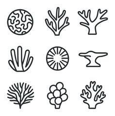 Fototapeta premium Coral Icon Grid. Outline icon set of coral species: brain coral, staghorn coral, elkhorn coral, finger coral, mushroom coral,