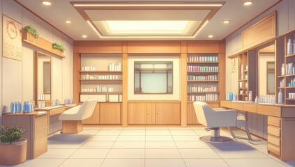 Light-filled salon interior, wooden furnishings,  and shelves of beauty products