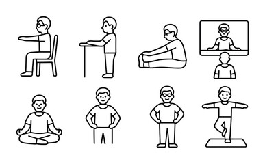 Fitness and exercise line icons set – outline, yoga, workout and activity symbols