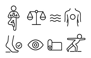 Obraz premium Yoga and wellness linear icons set – mediation, outline, exercise symbols