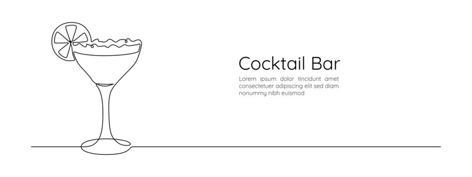 Glass of cocktail in continuous one line drawing. Margarita and beverage bar in simple linear style. Alcohol drink menu in editable stroke. Doodle contour vector illustration
