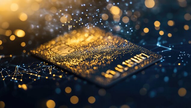 Close-up of a credit card, shimmering gold, surrounded by digital network, bokeh lights