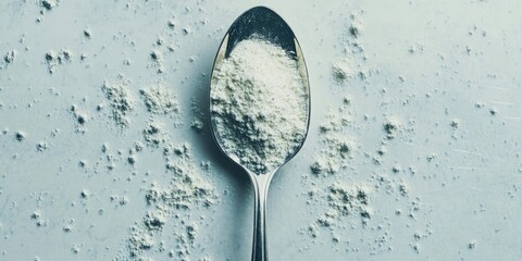 Flour in a spoon on a light blue surface