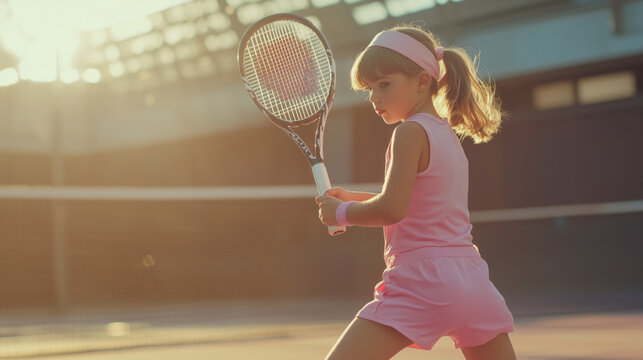 Young girl plays tennis in a pink outfit during golden hour at an outdoor court with summer sunlight