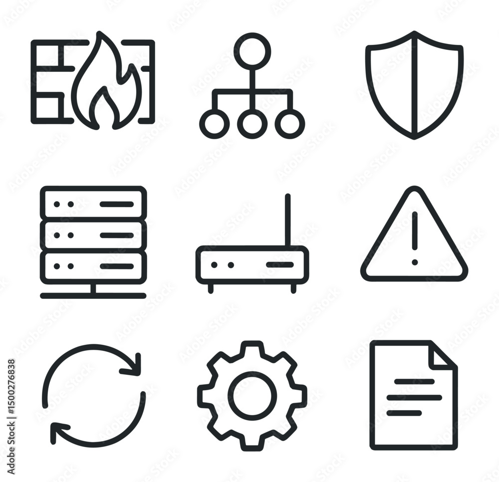 Poster cybersecurity icon set. outline icon set of cybersecurity firewall setup: firewall wall, network dia